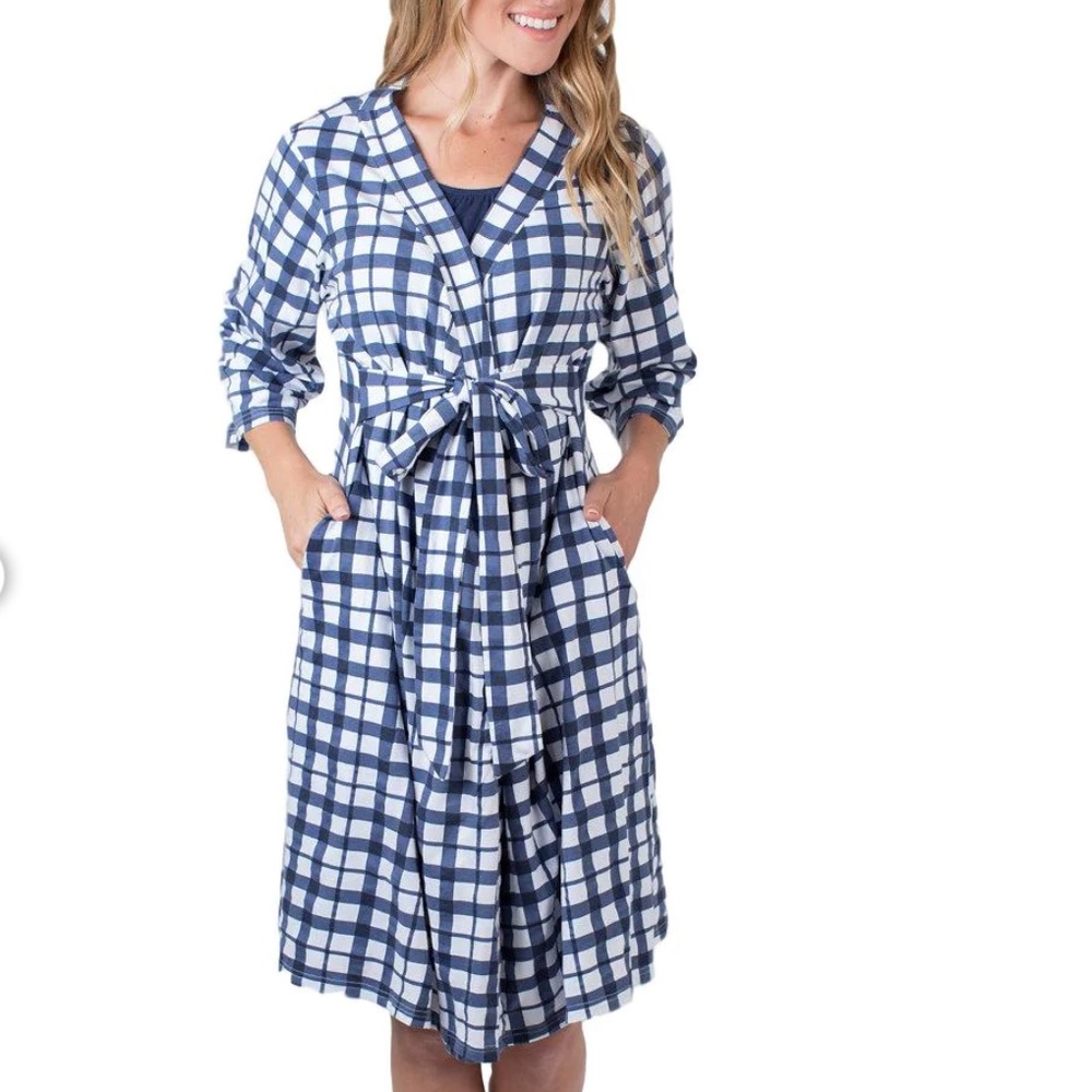 BABY BE MINE navy blue / white gingham pregnancy / postpartum robe S/M NEW - Picture 5 of 12